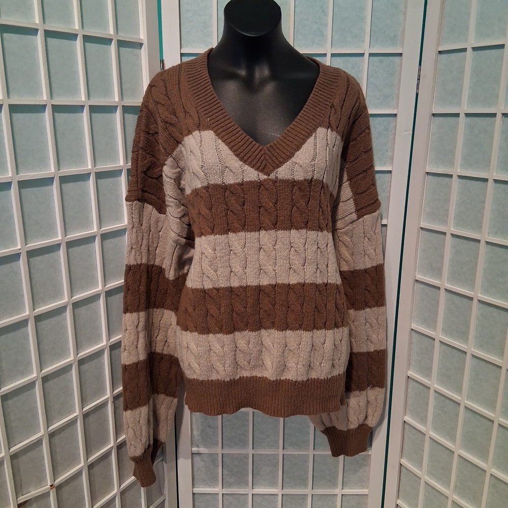 Womens XL Striped V-Neck Cable Knit  Sweater 6267